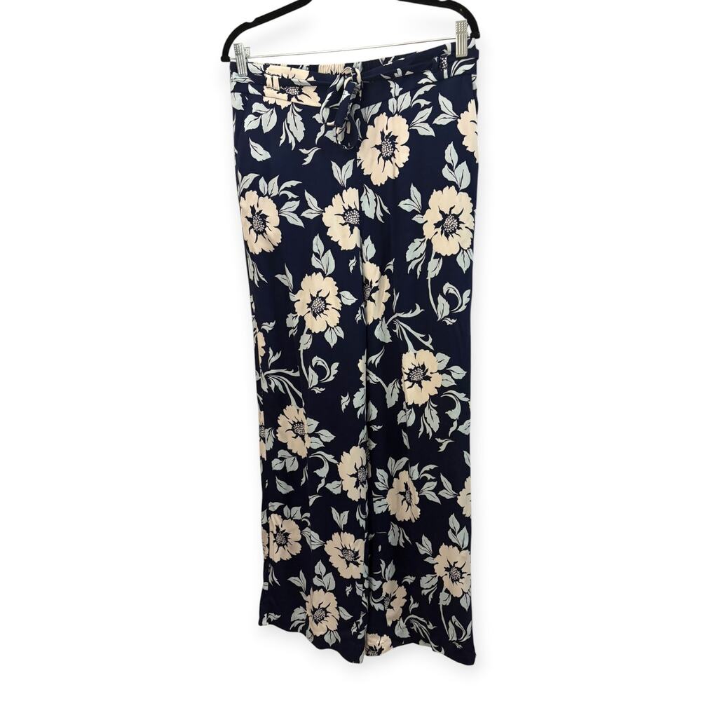 Talbots Blue & White Floral Flowy Pants Boho Elastic Waist M Stretchy Classic